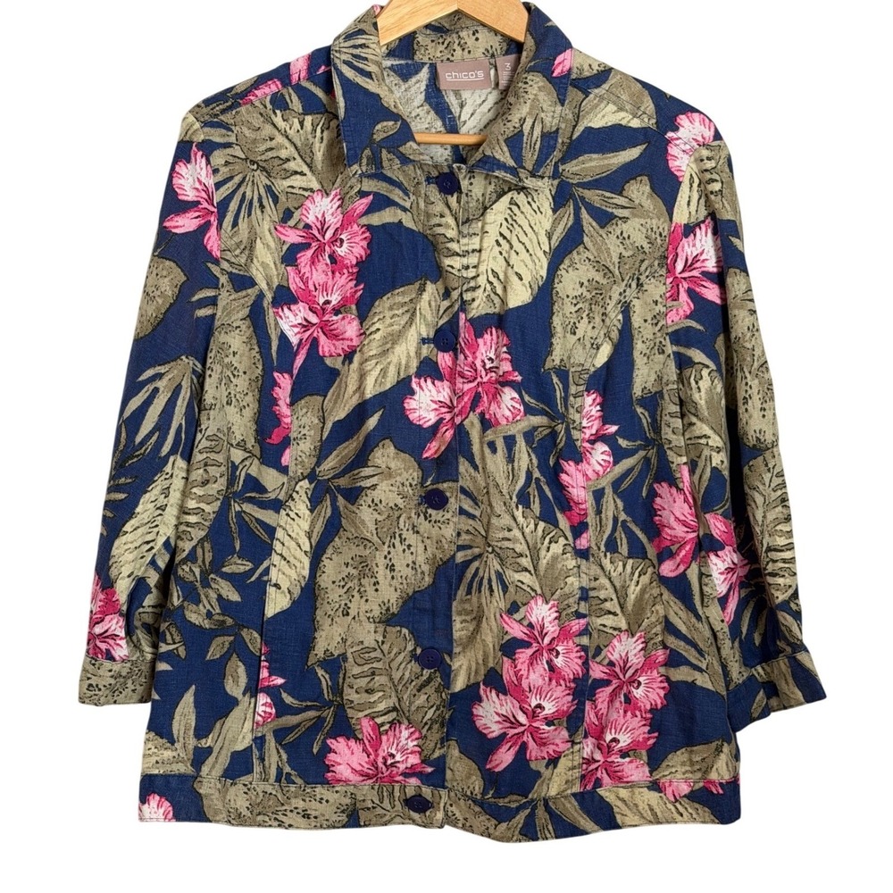 Chicos Tropical Floral Linen Button Front Jacket Womens Size 3 XL Blue Pink Chic